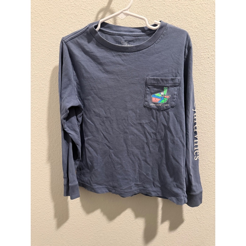 Vineyard Vines Boys Size 6 Ski Whale Long Sleeve Pocket T-Shirt Navy Blue